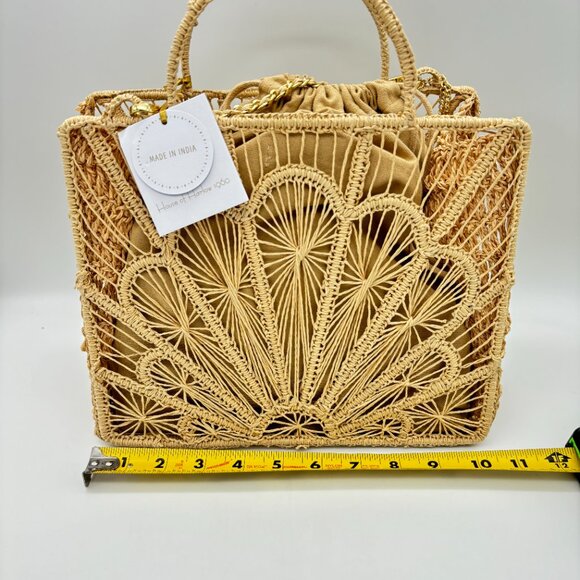 NWT House Of Harlow 1960 Hand Woven Raffia Hand Bag Purse Gold Crossbody Strap - Picture 2 of 9